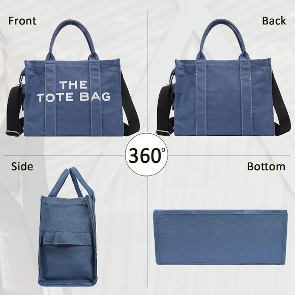 Women Blue Personalized Canvas with Zipper Top-Handle Crossbody Tote Handbag - Picture 6 of 7